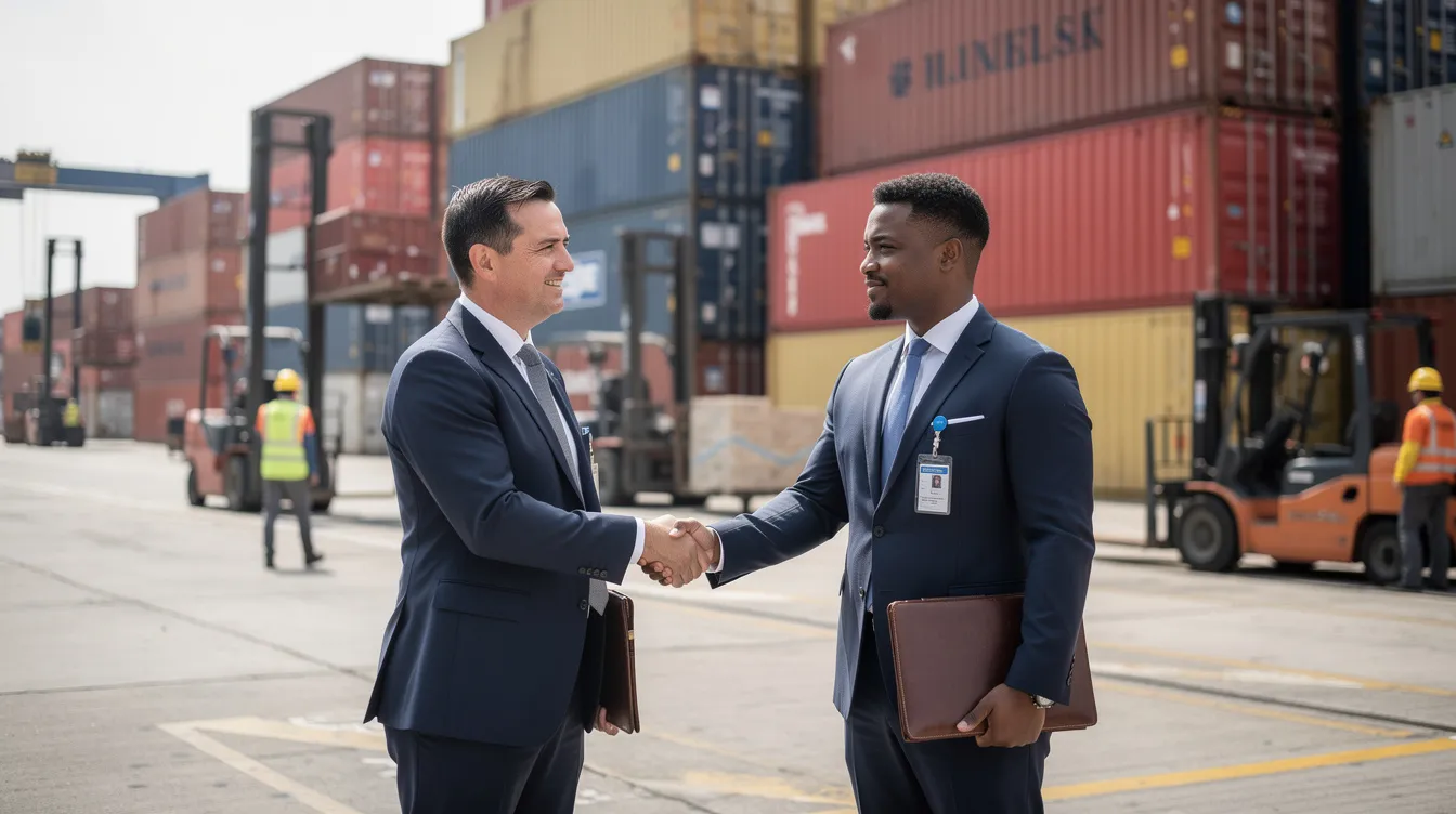 The image depicts two business professionals shaking hands in front of a backdrop of stacked shipping containers and logistics equipment, symbolizing a partnership in third party logistics (3PL) that aims to optimize logistics operations and enhance supply chain efficiency. This collaboration highlights the importance of logistics management and customer satisfaction in driving business growth.