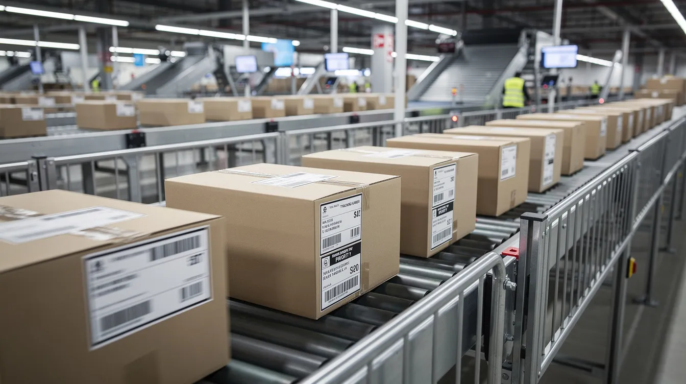 The image shows packages moving along a conveyor belt in a sorting facility, with carrier labels prominently displayed, highlighting the efficiency of logistics operations. This setup is crucial for maintaining inventory accuracy and meeting customer expectations in order fulfillment and on-time delivery rates.
