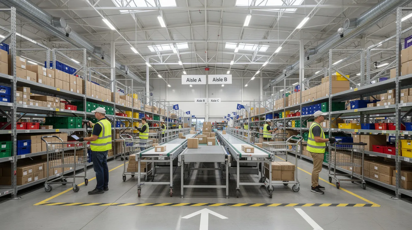 The image depicts a modern fulfillment center featuring organized shelving and workers efficiently scanning packages with barcode scanners. This environment emphasizes operational efficiency and inventory management, ensuring that ecommerce businesses can fulfill customer orders accurately and improve customer satisfaction through faster shipping times and reduced errors.