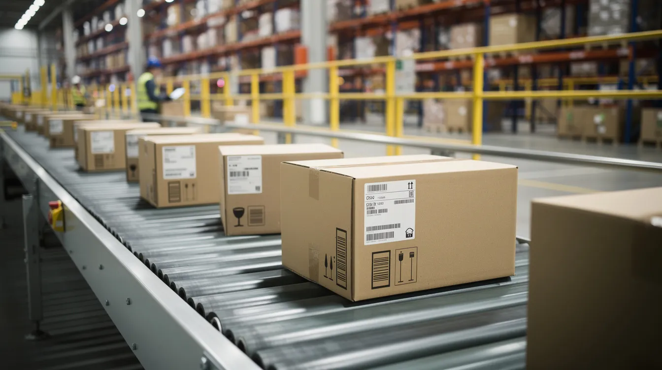 The image depicts shipping packages moving along a conveyor belt in a busy distribution facility, showcasing the operational efficiency of ecommerce fulfillment services. This setup highlights the importance of accurate order processing and inventory management systems in fulfilling customer orders and meeting customer expectations.