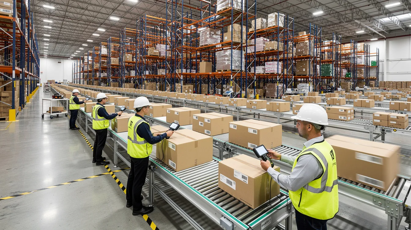 The image depicts a modern warehouse interior where workers are efficiently using handheld scanners to track packages alongside advanced conveyor systems. This setup exemplifies optimal fulfillment operations, ensuring higher customer satisfaction and meeting customer expectations in ecommerce fulfillment.