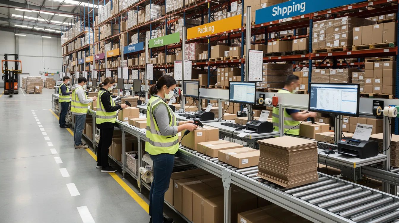 The image depicts a bustling fulfillment center during peak season, with multiple workers efficiently processing customer orders at organized stations. This dynamic environment highlights the importance of operational efficiency and customer satisfaction in ecommerce fulfillment, showcasing fulfillment services that meet customer expectations.