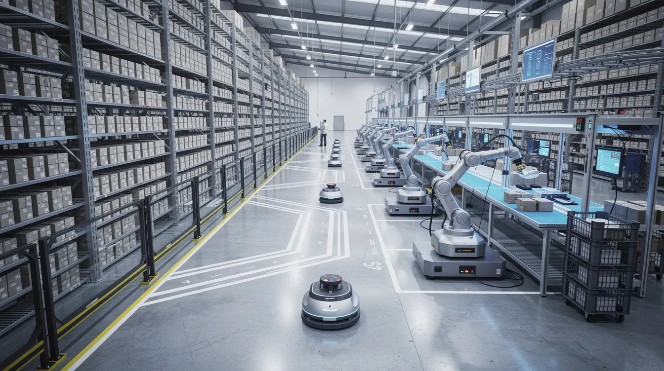 The image depicts the interior of an advanced automated fulfillment center, showcasing robotic systems efficiently organizing inventory on neatly arranged shelving. This environment highlights the integration of fulfillment technology and warehouse management systems that enhance operational efficiency and meet customer expectations in ecommerce fulfillment.