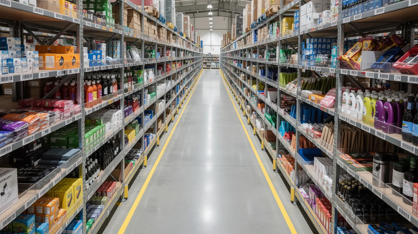 The image depicts neatly organized shelves filled with a variety of consumer products in a fulfillment center, highlighting an efficient returns management process that supports customer satisfaction and loyalty. This setup is essential for meeting customer expectations in ecommerce returns, enabling smooth return requests and exchanges while ensuring reliable inventory management.