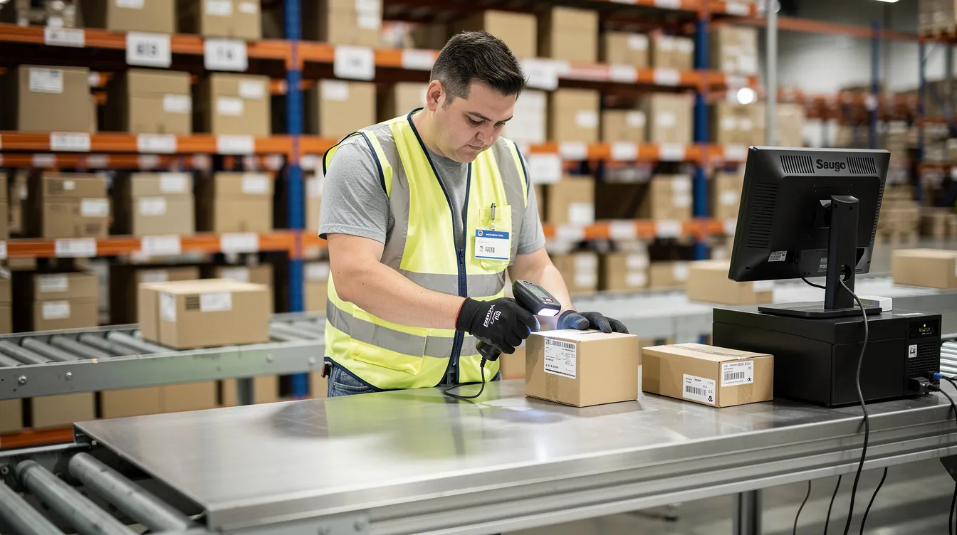 A warehouse worker is meticulously inspecting and scanning items at a packing station, ensuring accuracy in the returns management process. This attention to detail is crucial for maintaining customer satisfaction and enhancing the overall customer experience in ecommerce returns management.