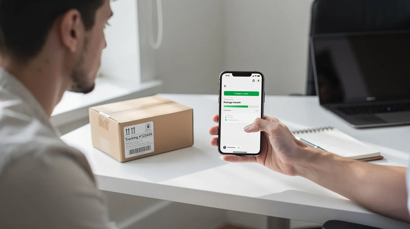 A person is sitting at a desk, checking the tracking status of a package on their smartphone, reflecting the importance of customer experience in ecommerce returns management. This scene emphasizes the role of real-time visibility in enhancing customer satisfaction and meeting customer expectations throughout the returns process.