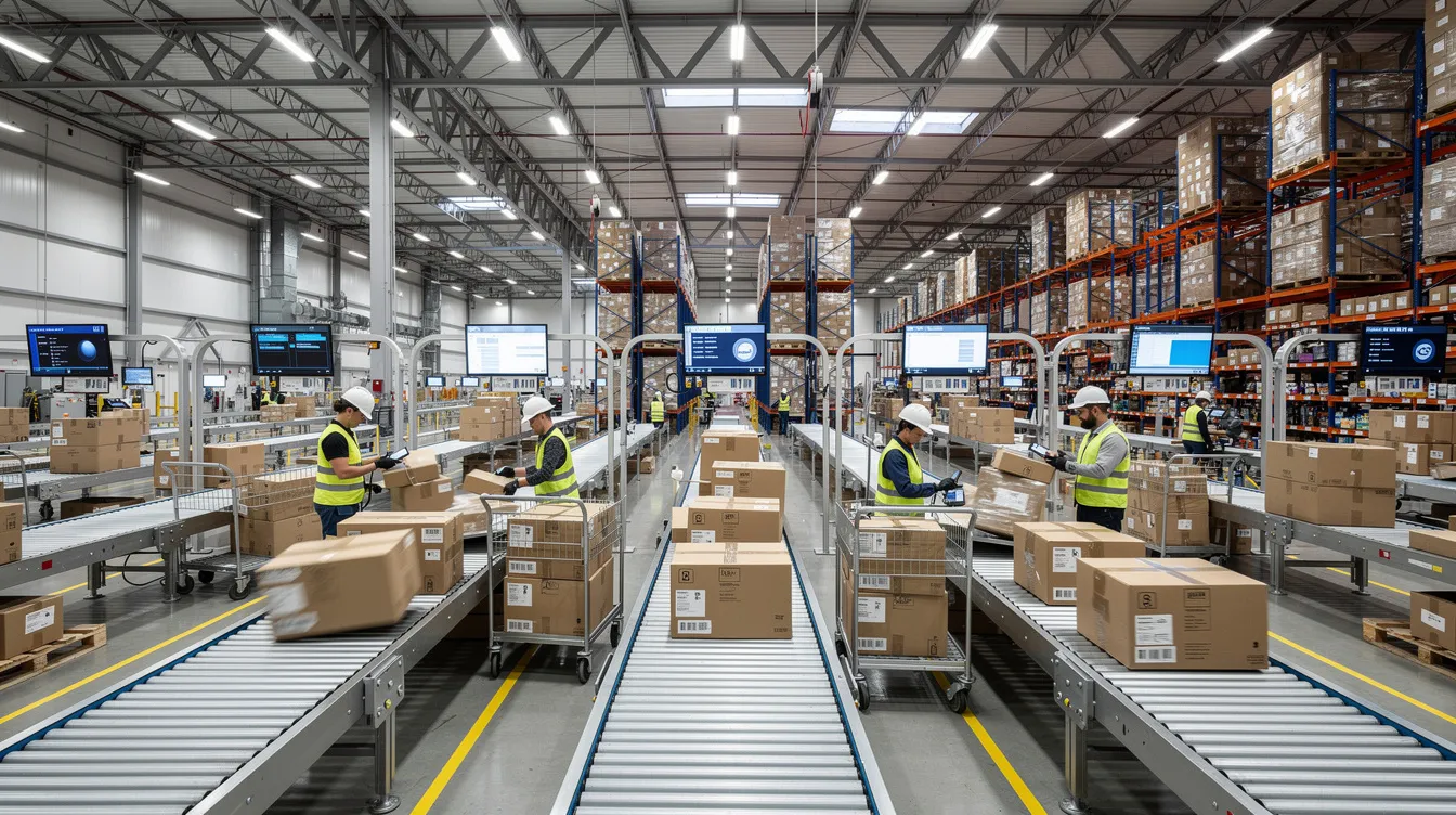 The image depicts a modern warehouse interior featuring automated conveyor belts with workers efficiently processing packages. This setup enhances the returns management process, ensuring customer satisfaction and supporting a transparent returns strategy that meets customer expectations in the ecommerce landscape.