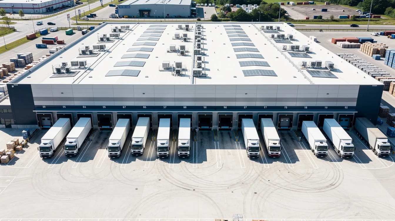An aerial view of a distribution warehouse showcases several delivery trucks lined up at the loading dock, highlighting efficient shipping operations essential for optimizing shipping costs and meeting customer expectations. This scene illustrates the importance of effective order fulfillment and transportation costs in the supply chain, ensuring timely delivery and customer satisfaction.