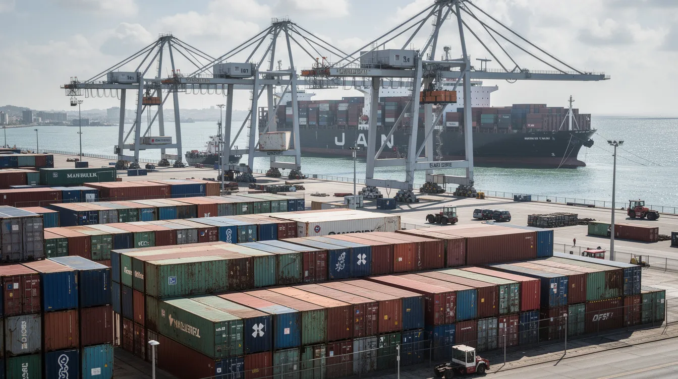 The image depicts a busy port terminal where shipping containers are stacked high, with cranes actively loading and unloading cargo vessels in the background. This scene illustrates the logistics industry in action, showcasing the importance of freight tracking and operational efficiency in managing international shipments and transportation costs.