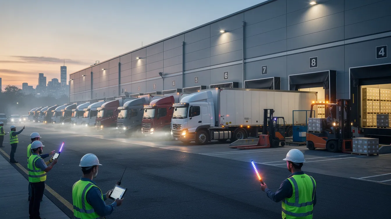 The image depicts freight trucks lined up at a distribution center loading area during dawn, with logistics workers actively coordinating operations. This scene highlights the importance of real-time tracking in the logistics industry, showcasing how logistics companies manage freight shipments to ensure timely deliveries and operational efficiency.