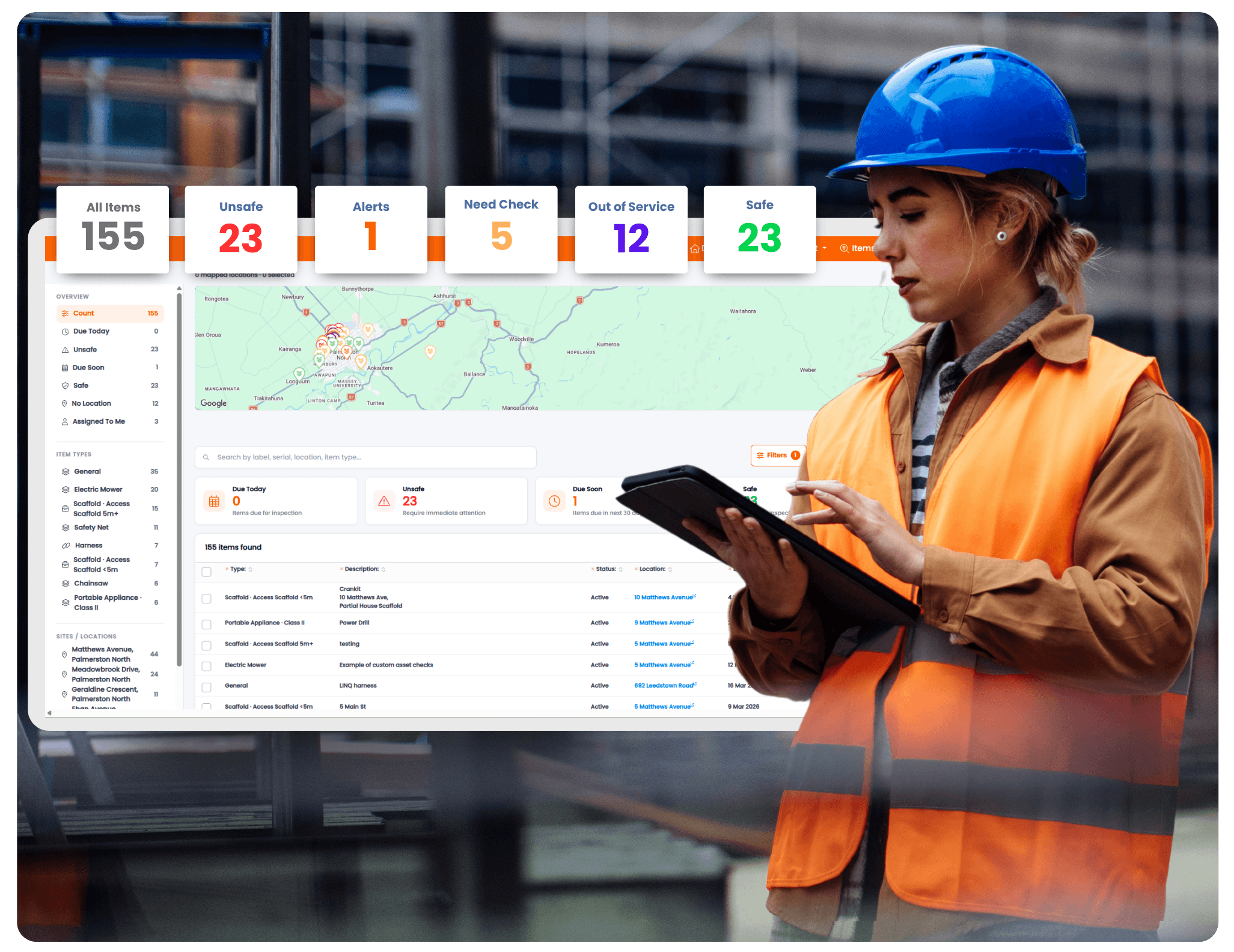 EZICHEQ asset management dashboard with summaries of item statuses including unsafe, alerts, and safe counts, and a map with item locations.