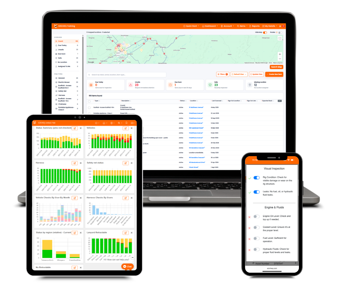 EZICHEQ platform on smart devices. Asset Register on the laptop, insights on the iPad and digital inspections on a smart phone.