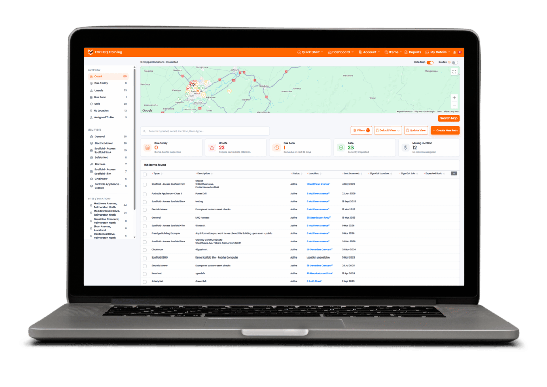 Laptop displaying a safety inspection dashboard with maps, item counts, and detailed list of equipment and locations.
