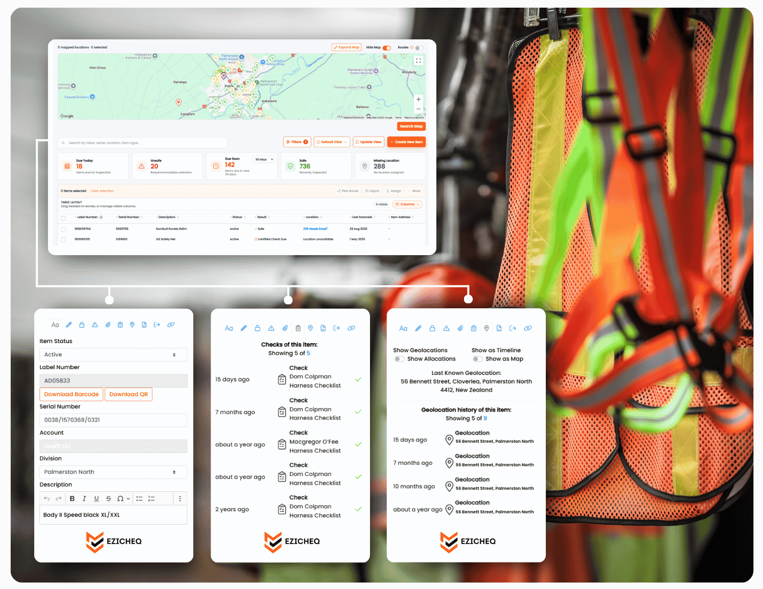 Screenshot of a workplace safety equipment management dashboard showing a map with item locations, item status, safety checks history, and geolocation tracking details for harnesses, with high-visibility safety vests in the background.
