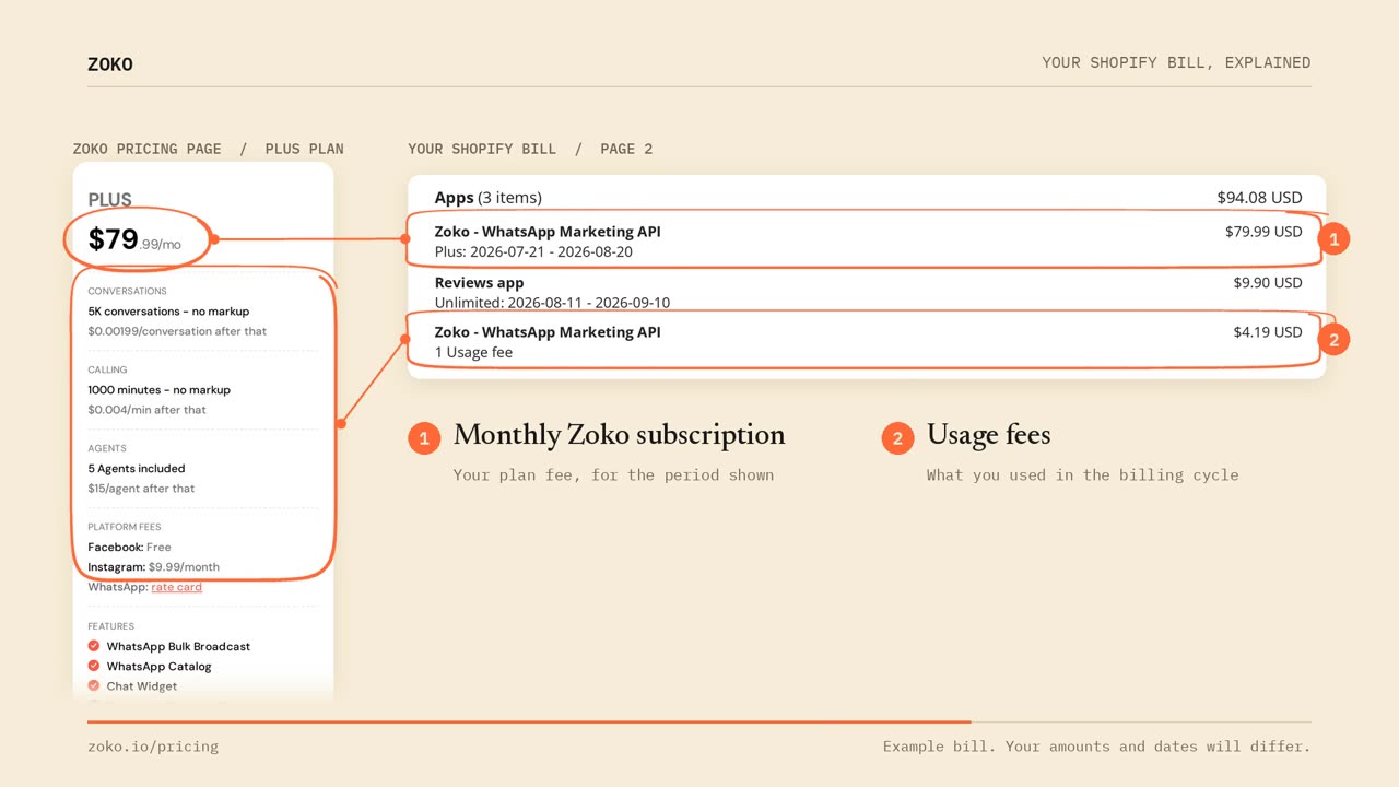 The usage section of the Plus plan card circled and joined by a line to the Shopify invoice line for $4.19, labelled Usage fees.