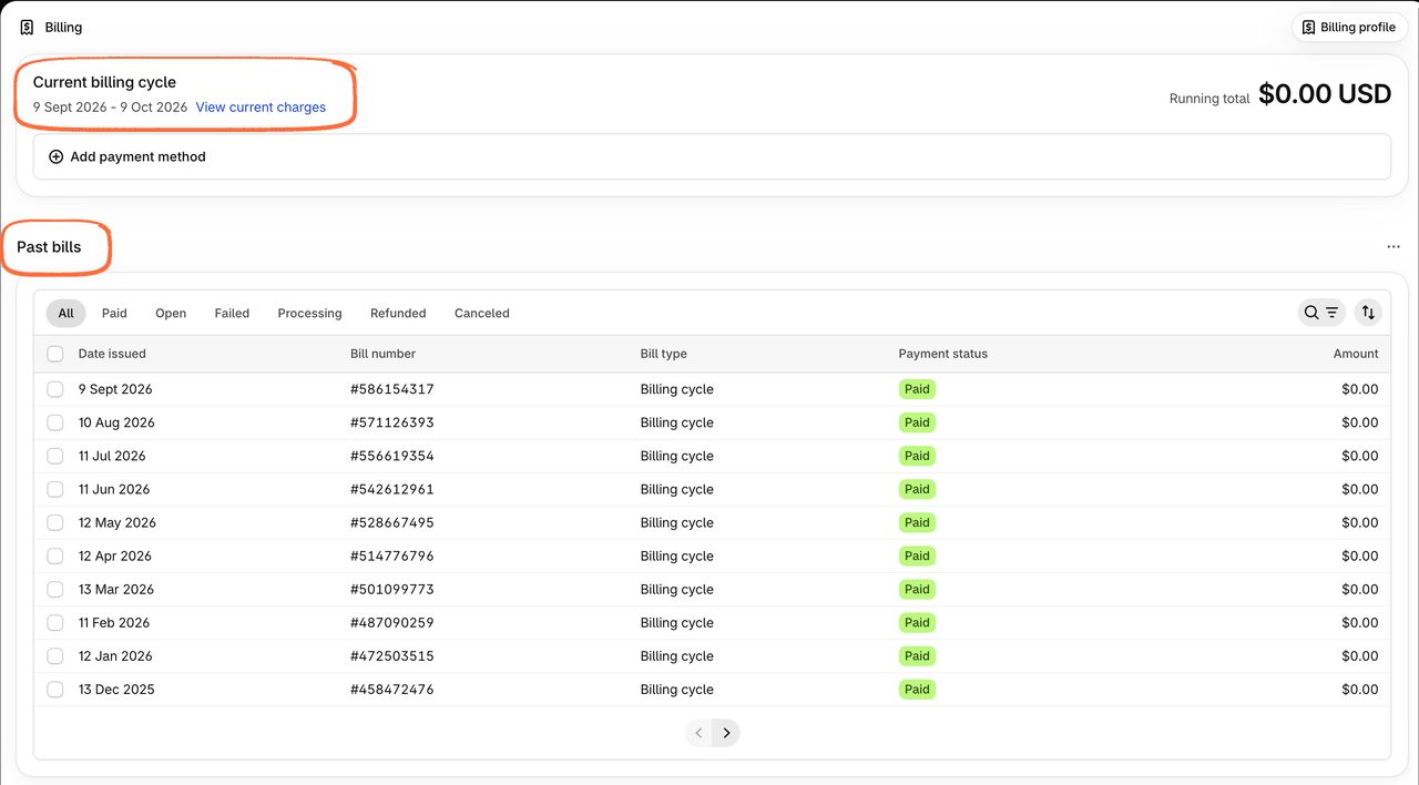 The Billing page in Shopify settings. The Current billing cycle panel, showing 9 Sept 2026 to 9 Oct 2026, is circled, and so is the Past bills heading above a list of bills.