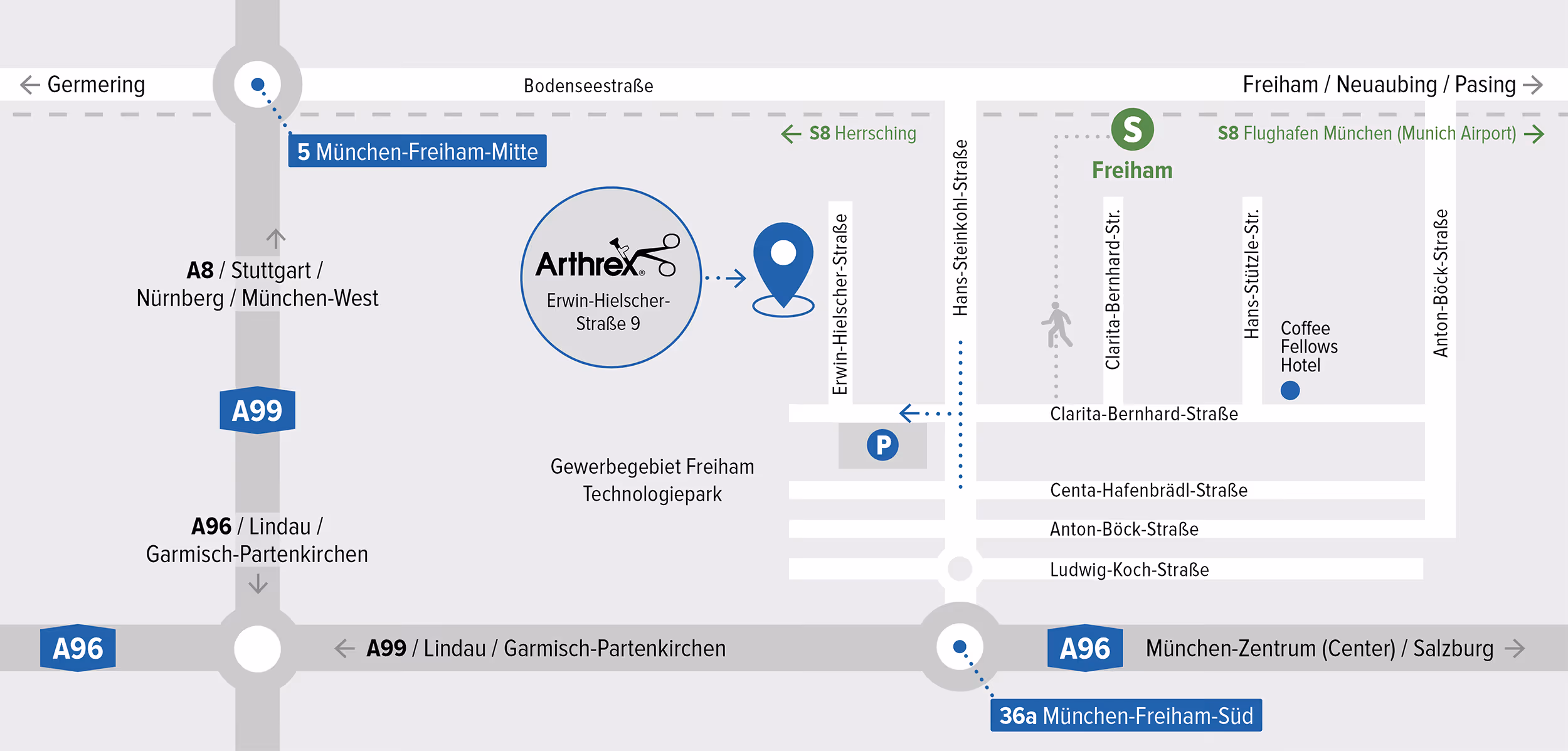 Directions to Arthrex GmbH in Erwin-Hielscher-Straße 9, Munich