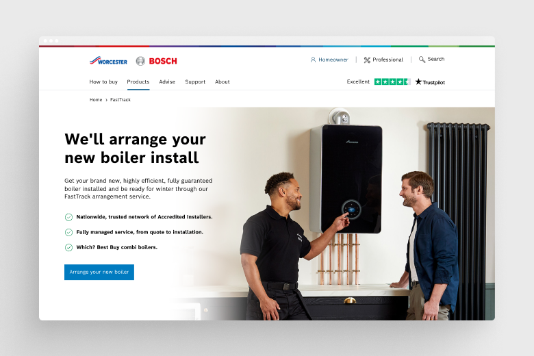 Screenshot of Worcester Bosch fast track landing page