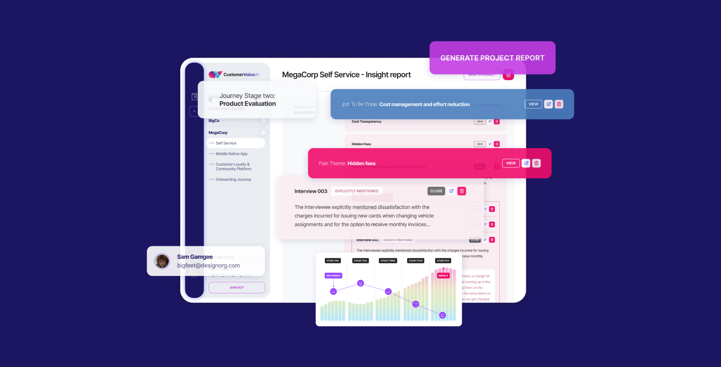 The interface of 383 Group's CustomerVoiceAI user interview tool.