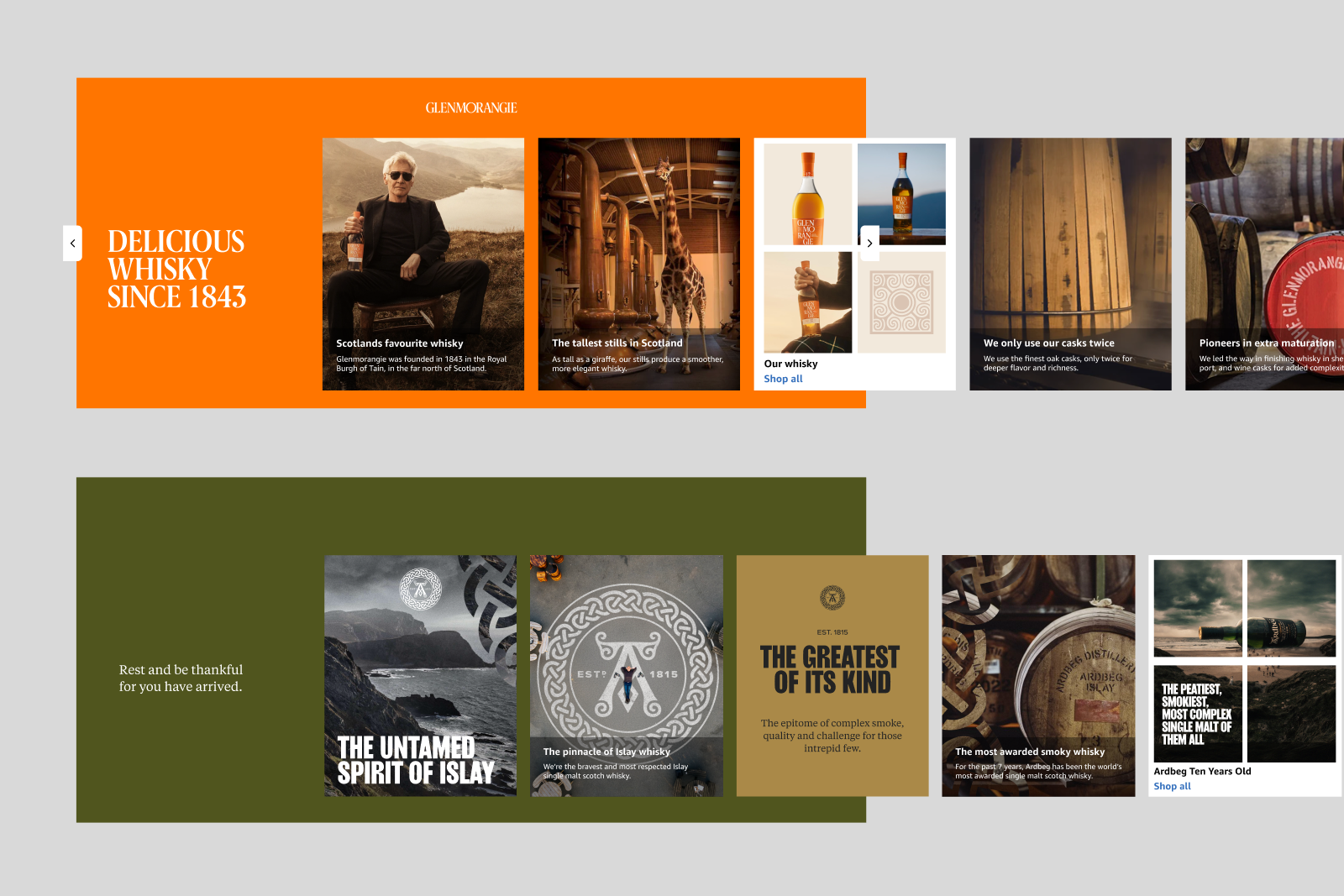Two horizontally aligned banners showcasing whisky brands Glenmorangie and Ardbeg with images of whisky bottles, distillery scenes, barrels, and descriptive text about their heritage and qualities.