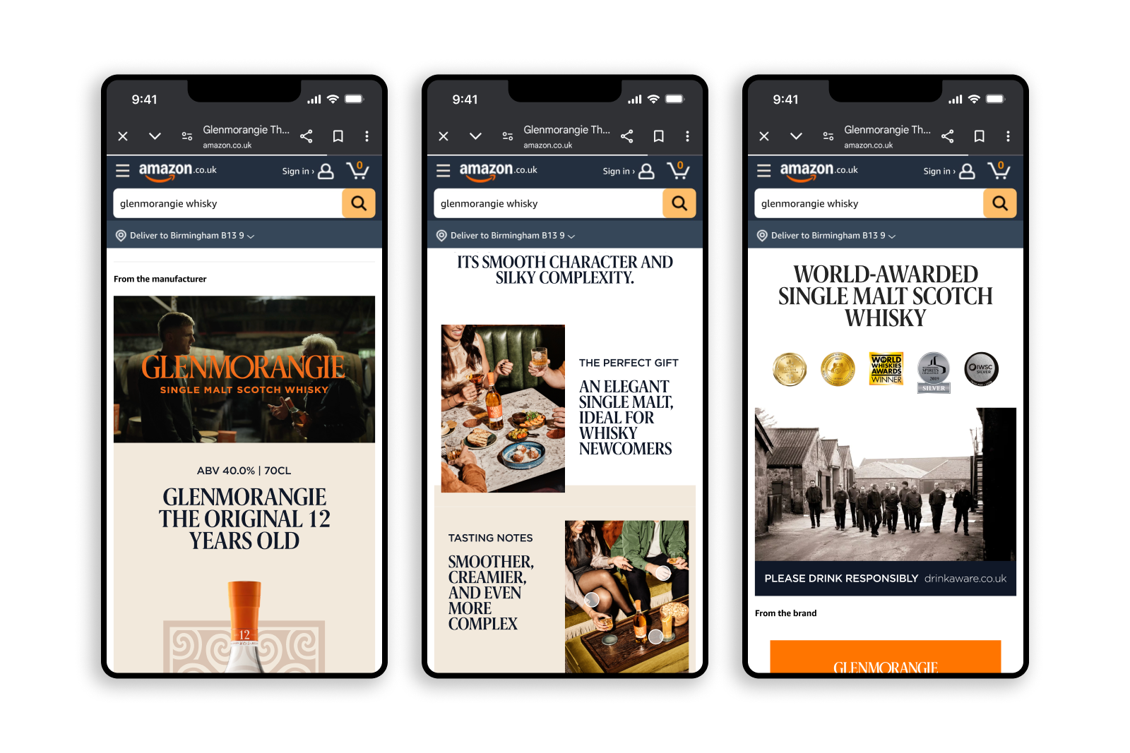 Three smartphone screens displaying an Amazon UK storefront for Glenmorangie whisky, showcasing product details, gifting suggestions, tasting notes, awards, and brand images.