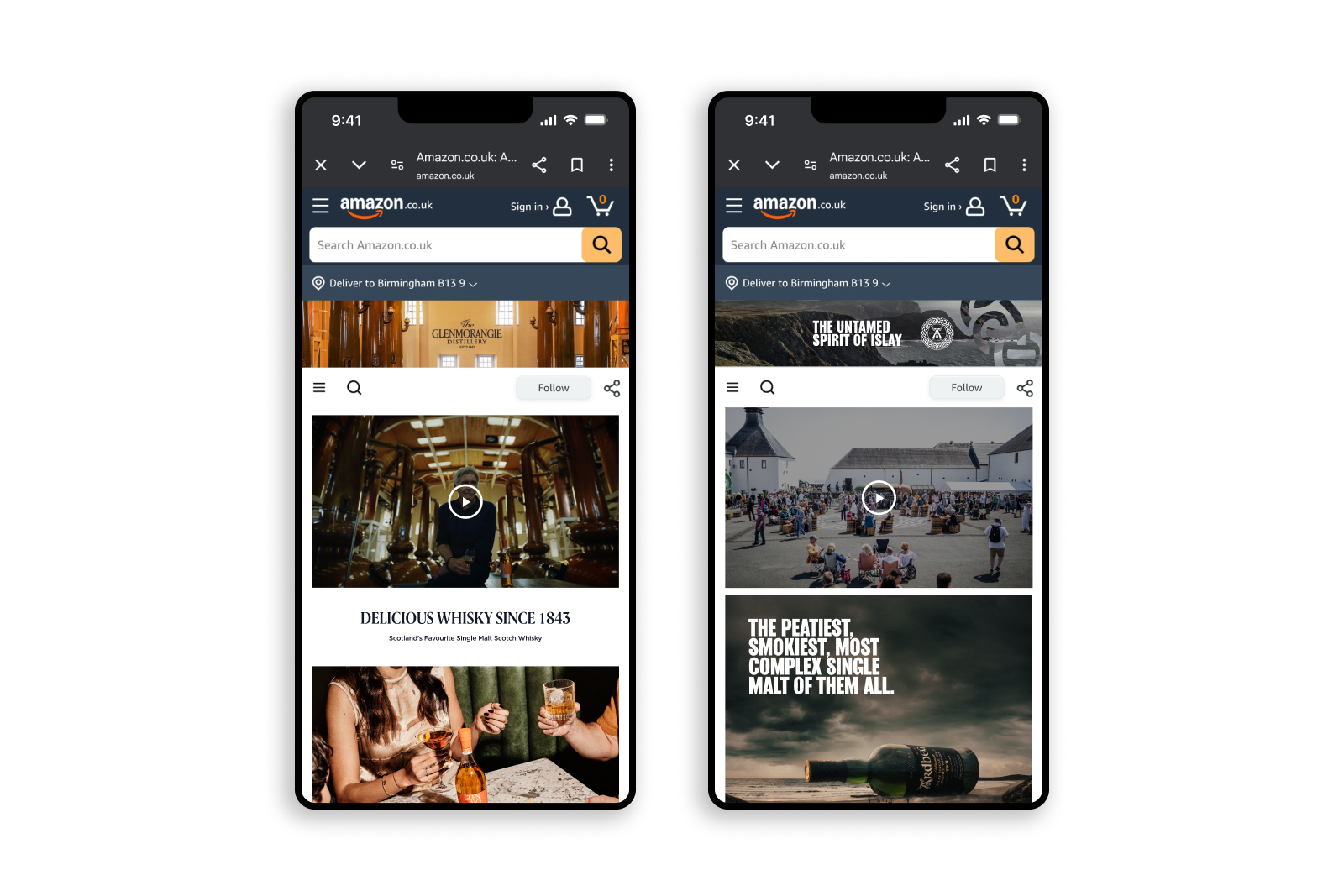 Two smartphone screens showing Amazon UK storefronts for whisky brands Glenmorangie and Ardbeg, each featuring promotional videos and product images.