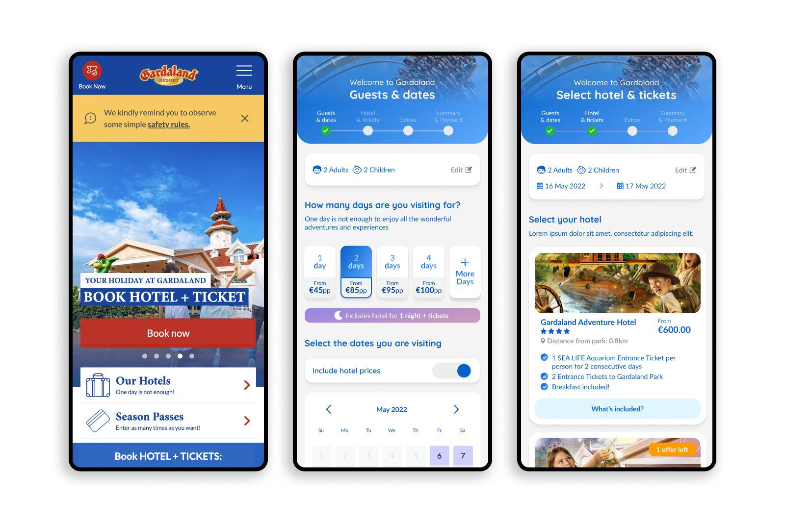 Three mobile screens showing Gardaland Resort booking app: homepage with book hotel and ticket option, guest and dates selection, and hotel and tickets selection with hotel details and prices.