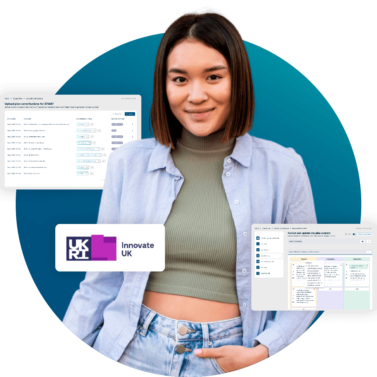 Young woman with Innovate UK logo and software interface screenshots in the background.