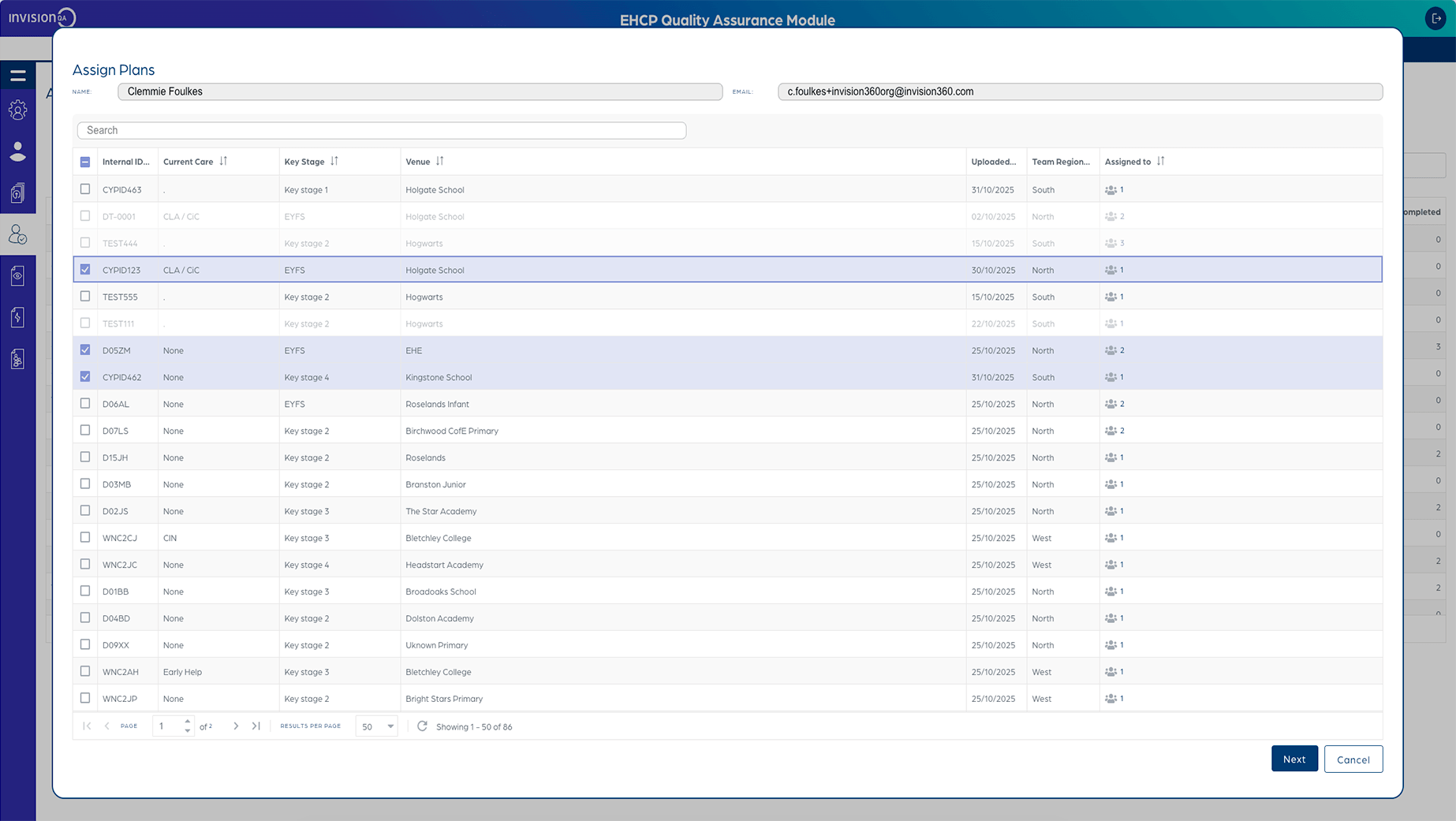 EHCP Quality Assurance Module screen showing a table to assign plans with columns for internal ID, current care, key stage, venue, upload date, team region, and assigned personnel.