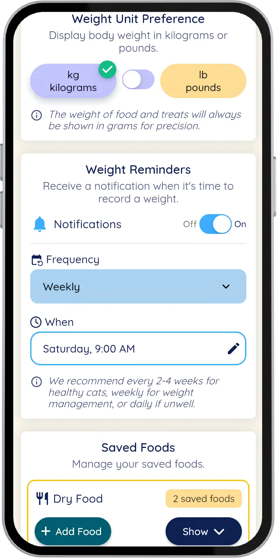 Settings page showing toggling between weight units, weight notification reminders, saved food calories, dark and light mode etc.