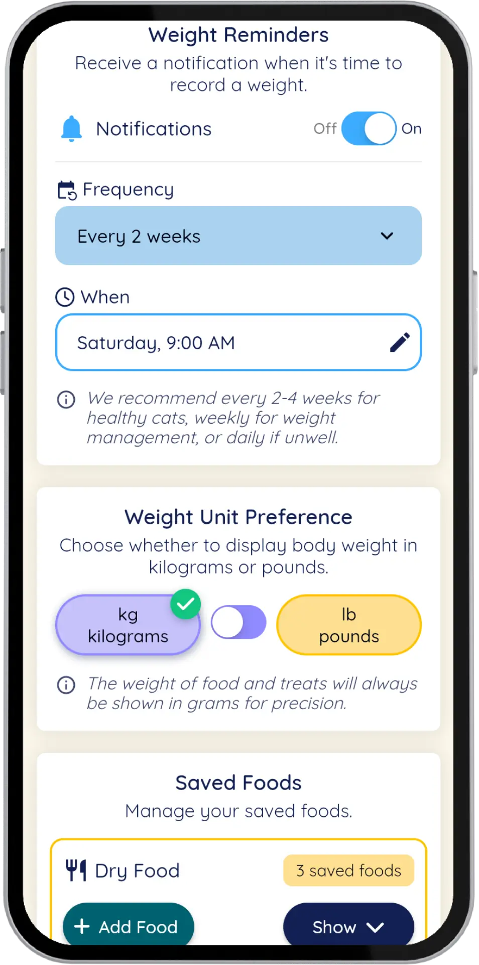 Settings page showing toggling between weight units, weight notification reminders, saved food calories, dark and light mode etc.