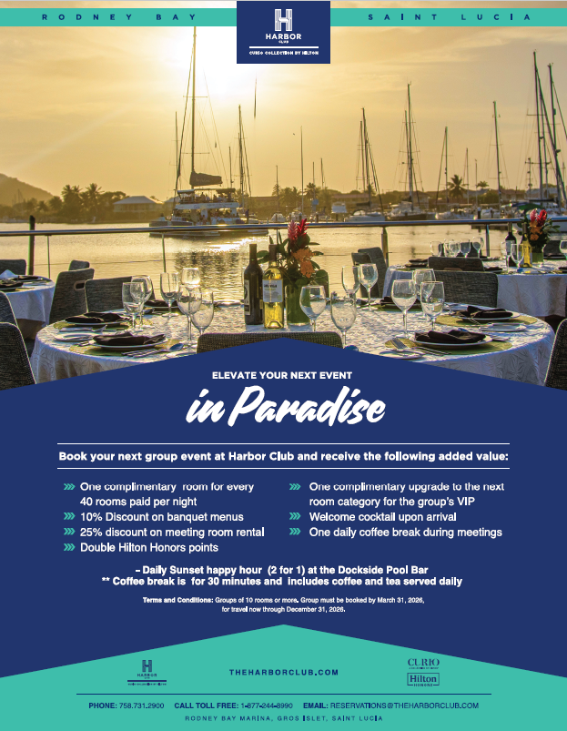 Outdoor dining tables set with glasses and napkins overlooking a marina with sailboats at sunset, promoting Harbor Club’s event packages in Rodney Bay, Saint Lucia.