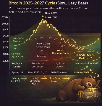 Bitcoin 2025–2027 Lazy Bear cycle chart showing post-halving peak and slow 