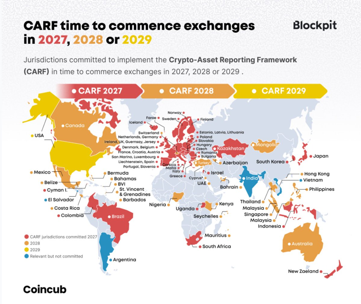 World map showing global implementation timeline of the OECD Crypto-Asset Reporting Framework (CARF), grouped by reporting start years 2027, 2028, and 2029.