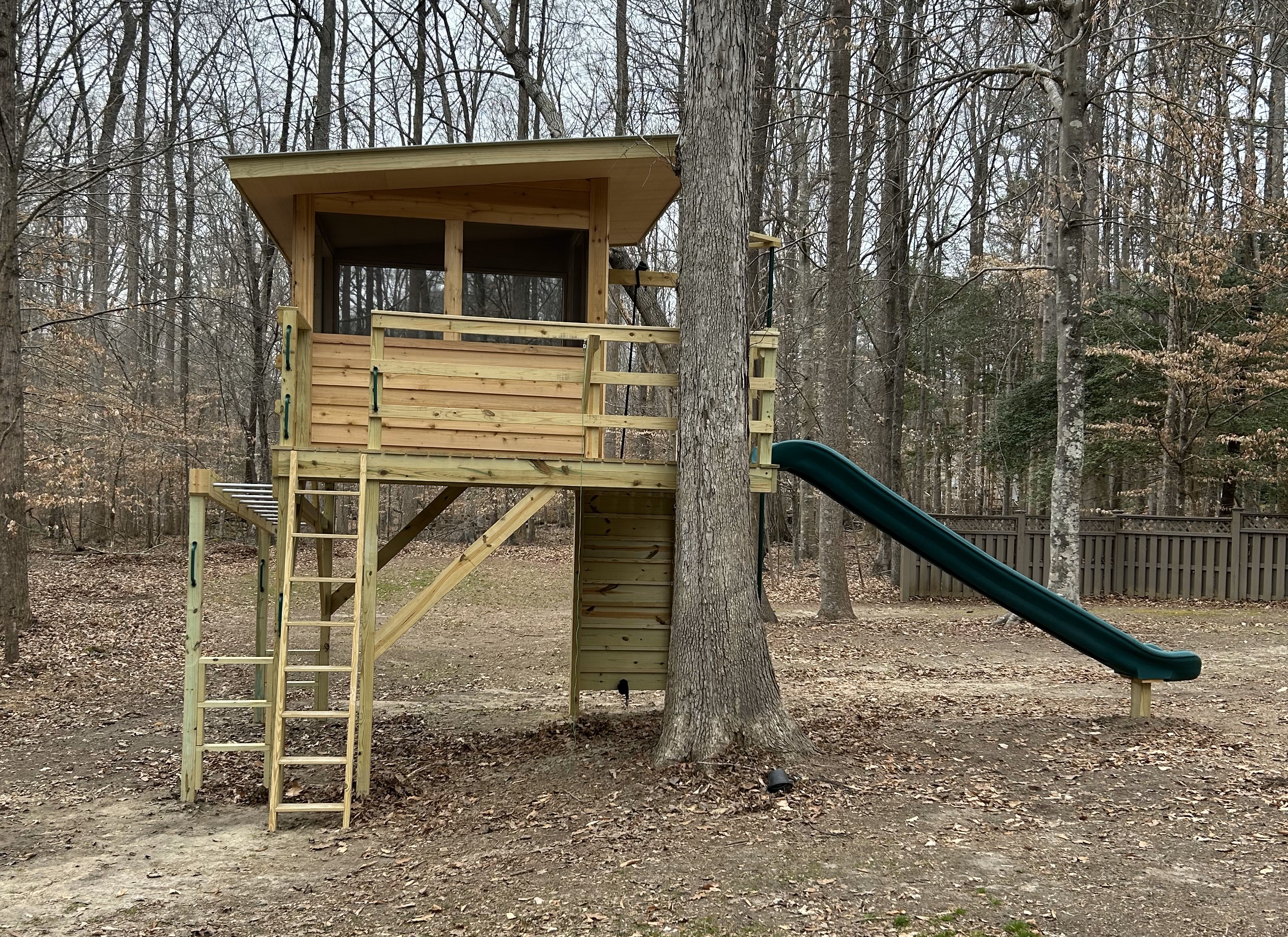 Side view of slide. Multiple ladders up to tree house.