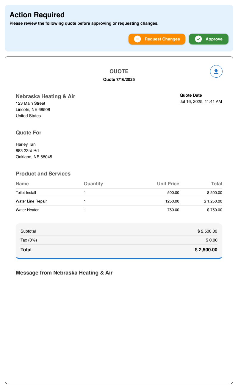 an image of a estimate with products and services waiting to be approved