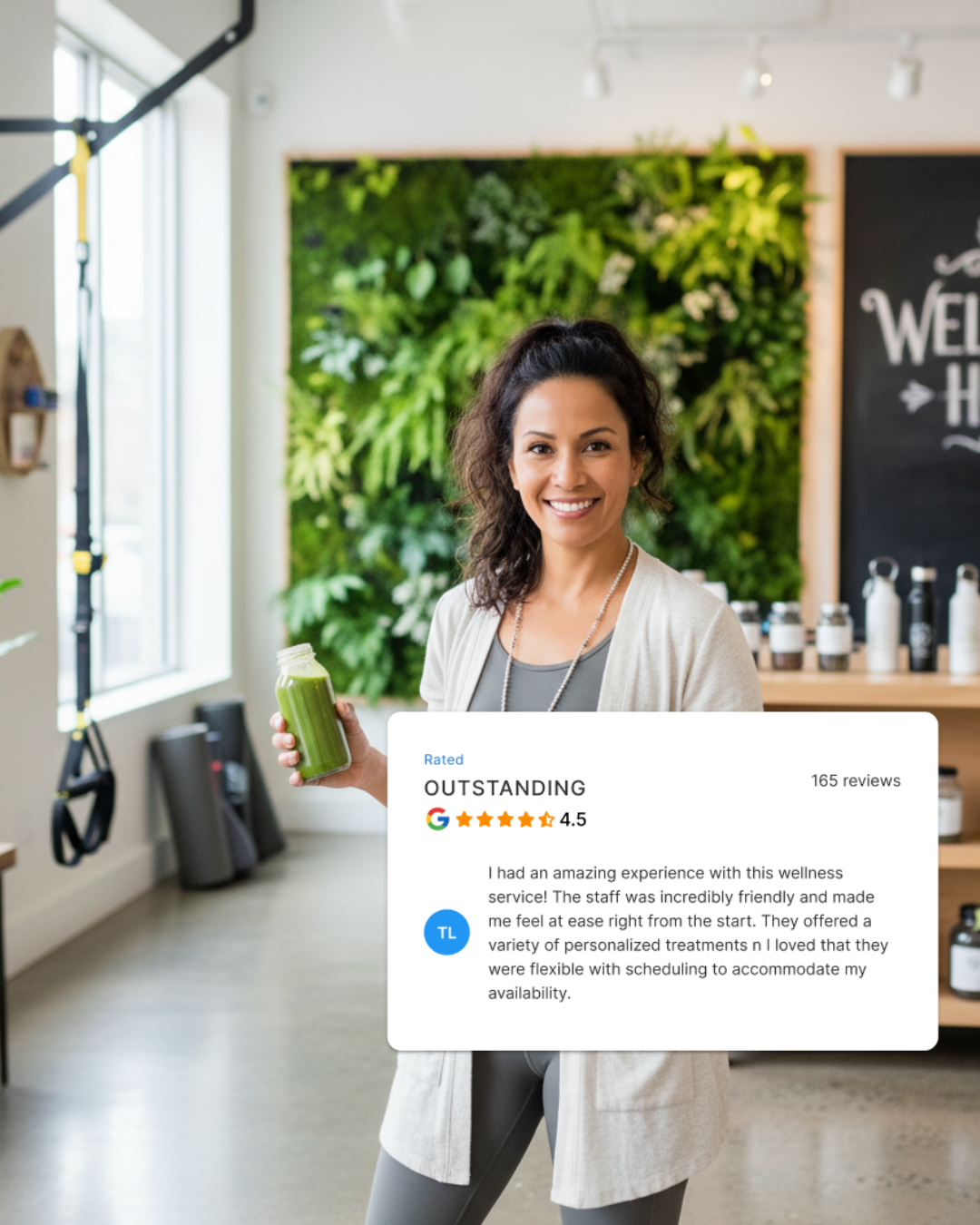 an image of a wellness business owner with reviews