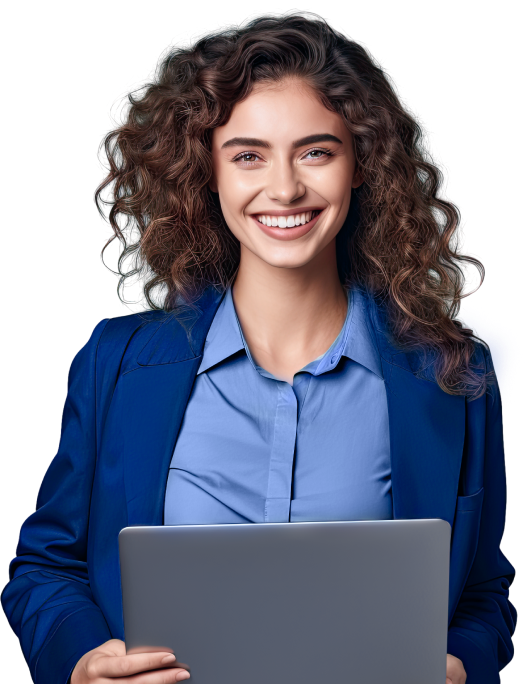 Imagem de uma mulher sorrindo com roupa social segurando uma tablet
