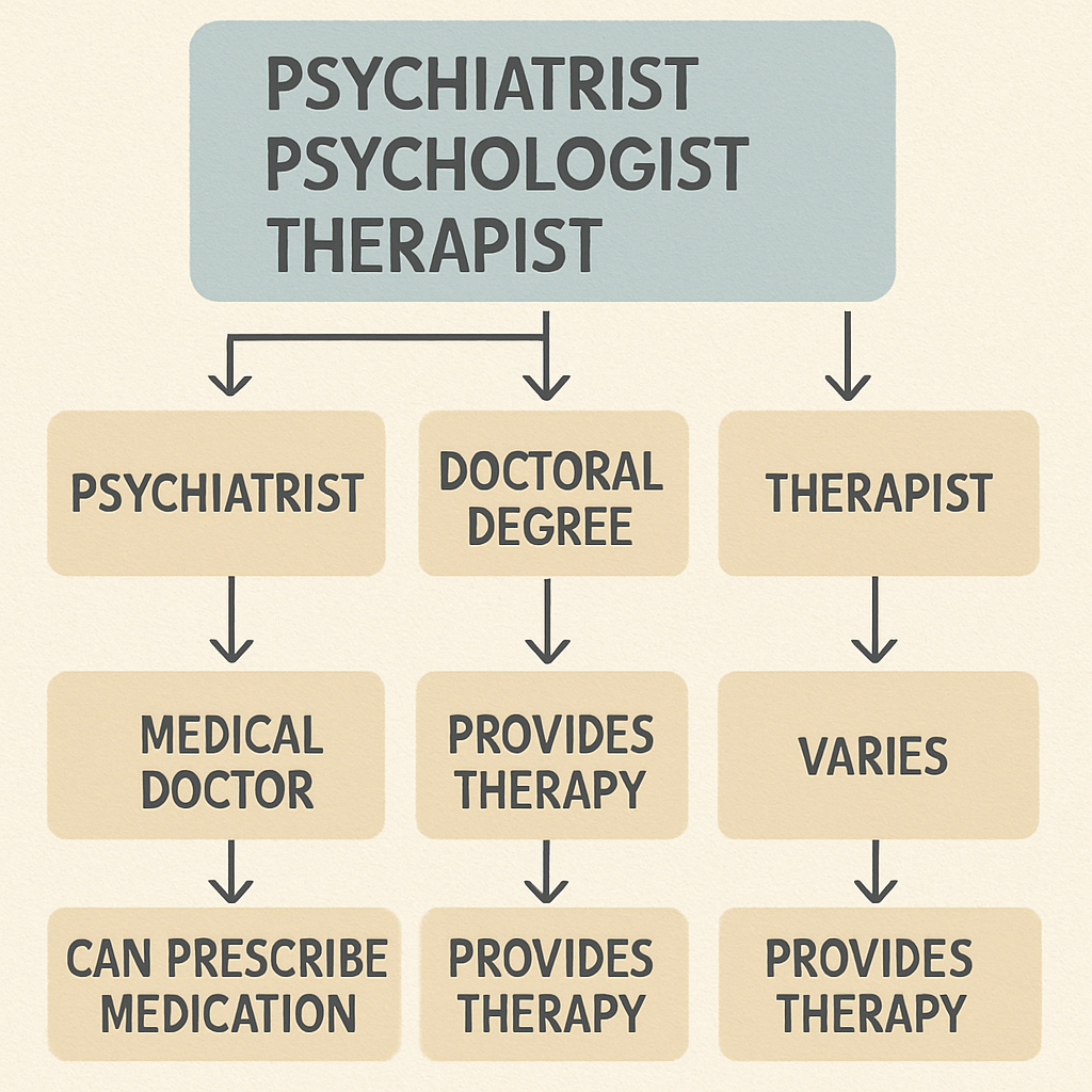 Flowchart differentiating psychiatrists, psychologists, and therapists