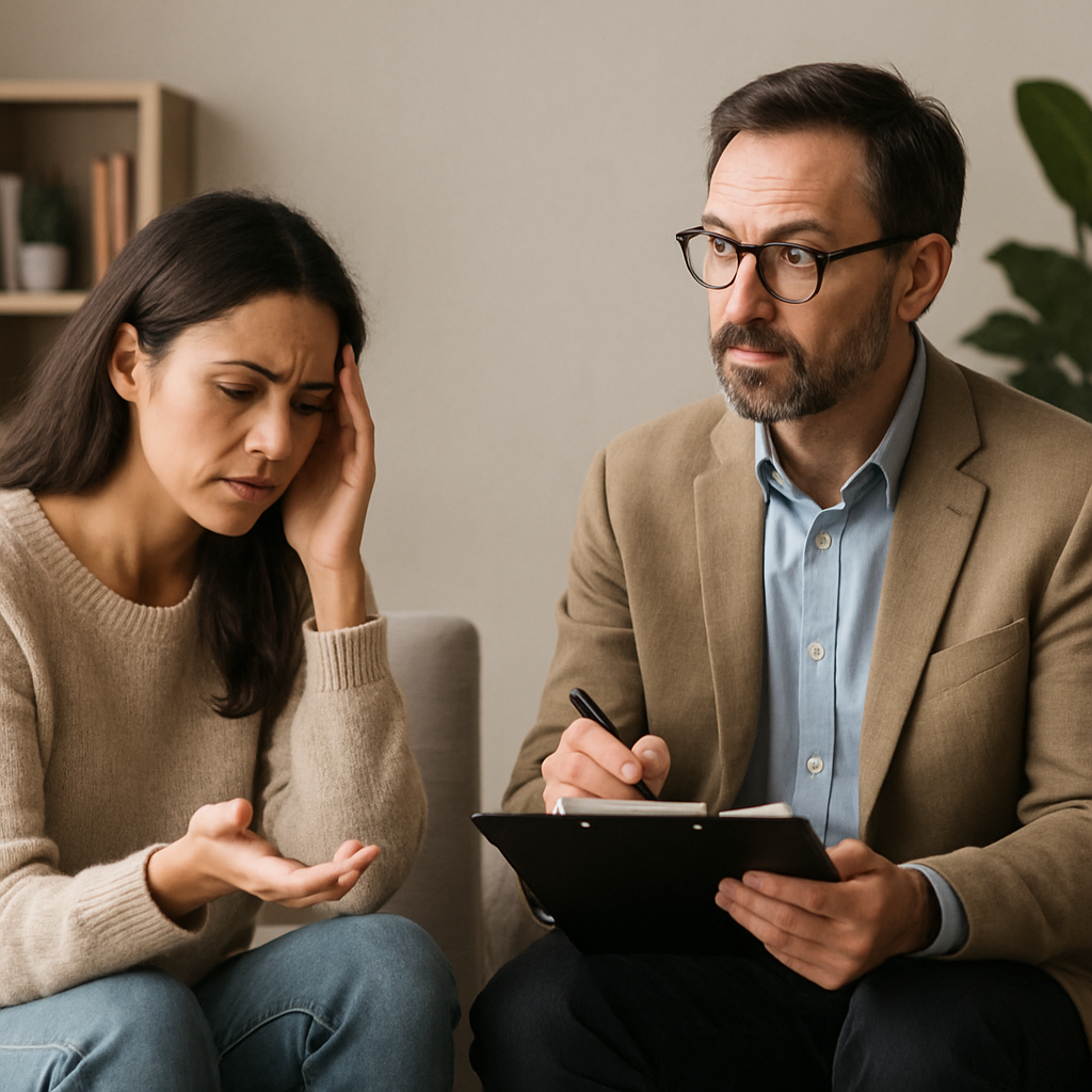 A therapy psychiatrist consulting with a patient