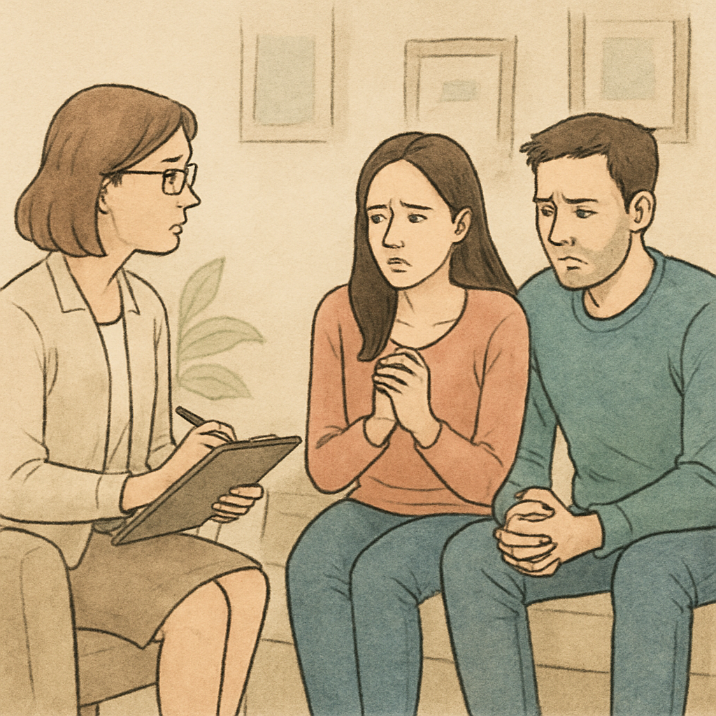 Couple discussing relationship anxiety with a therapist