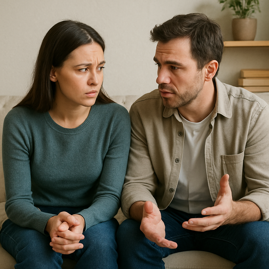 A couple sitting on a couch, looking concerned and talking to each other