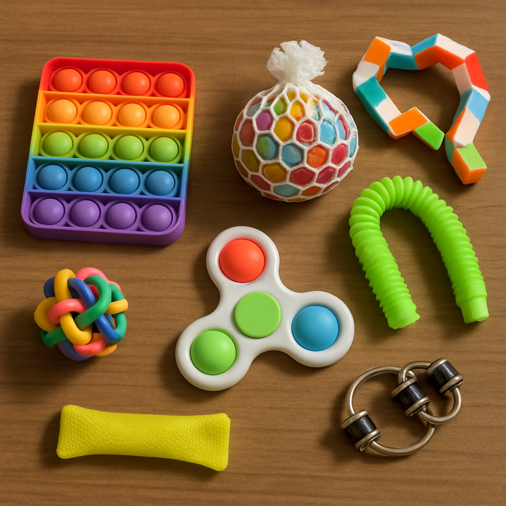 Various fidget toys on a desk
