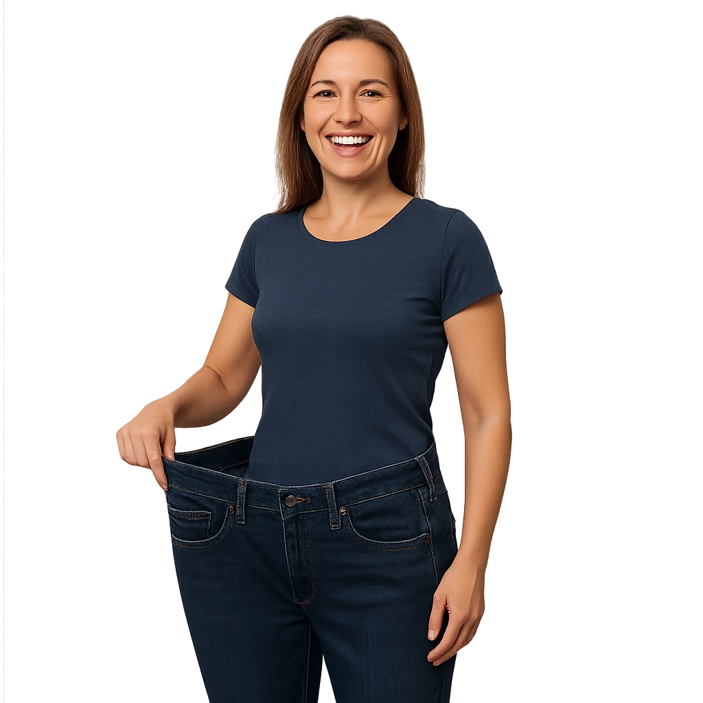 Smiling woman confidently showing her weight loss by wearing oversized jeans after bariatric surgery, symbolizing health and transformation.