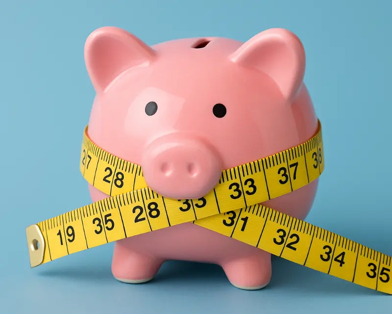 Piggy bank with tape measure symbolizing affordable bariatric surgery.