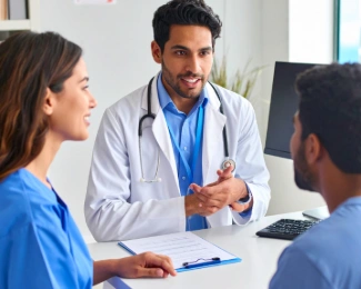 Bariatric specialist explaining how weight loss surgery works during a patient consultation.