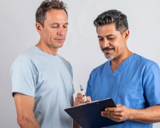 Patient looking at an empty injection pen with a clinician reviewing a long-term weight maintenance plan on a clipboard.