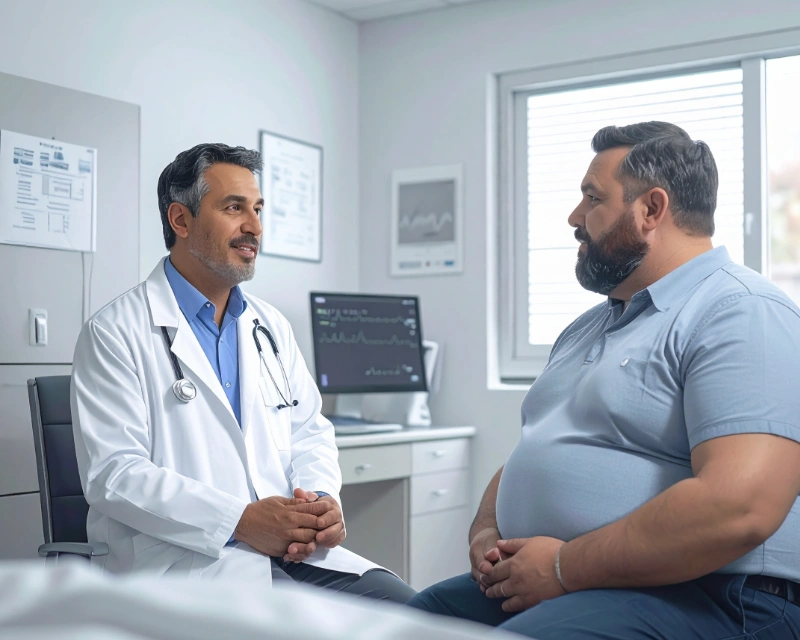 Bariatric surgeon consulting a patient about eligibility and risks for weight loss surgery.