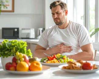 Patient experiencing nausea after eating following bariatric surgery, illustrating dumping syndrome symptoms