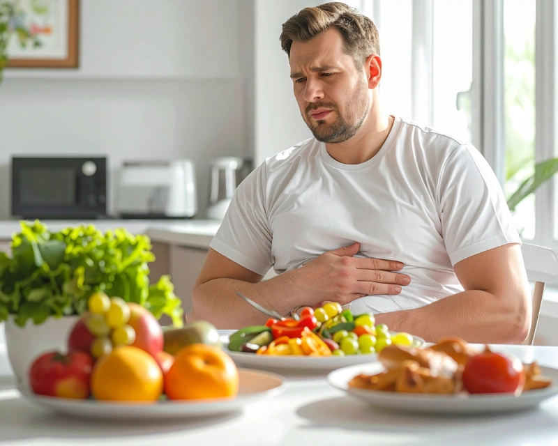 Patient experiencing nausea after eating following bariatric surgery, illustrating dumping syndrome symptoms